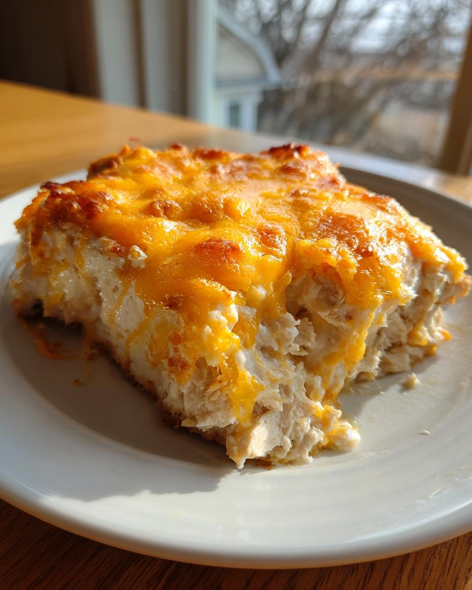 A close-up of a square serving of Cream Cheese Chicken Bake topped with golden, melted cheddar cheese on a white plate.