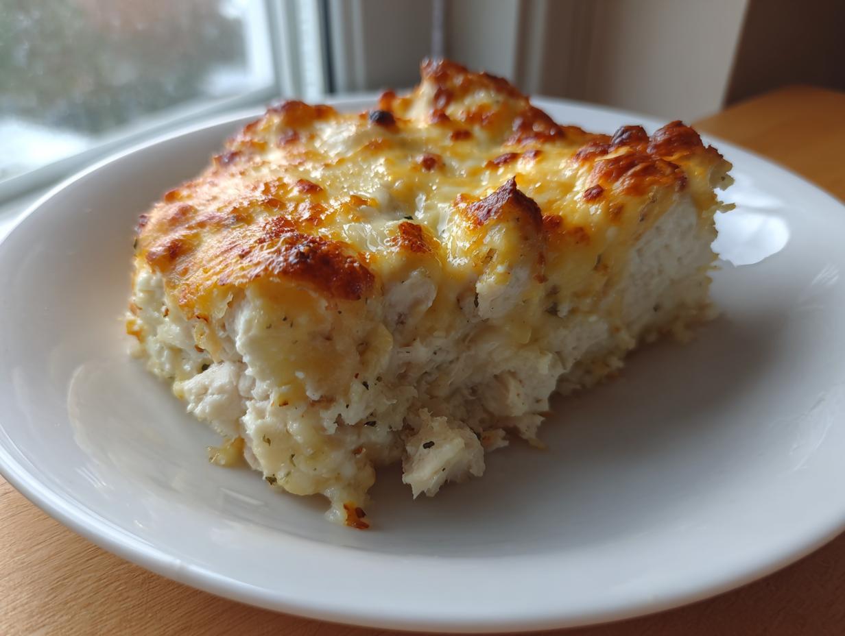 A generous serving of Cream Cheese Chicken Bake, showing shredded chicken texture and a bubbly, golden-brown cheese topping.