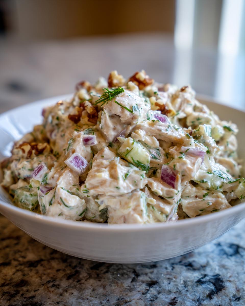 A white bowl filled with creamy Baked Marinated Chicken Salad mixed with red onion, herbs, and topped with walnuts.