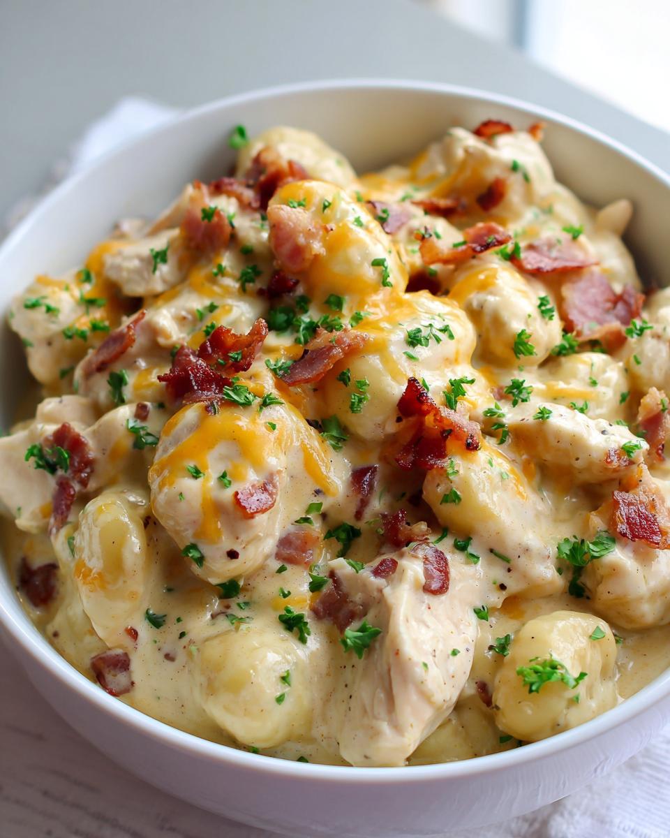 Close-up of a white bowl filled with Creamy Crack Chicken Gnocchi, topped with melted cheddar and crispy bacon bits.