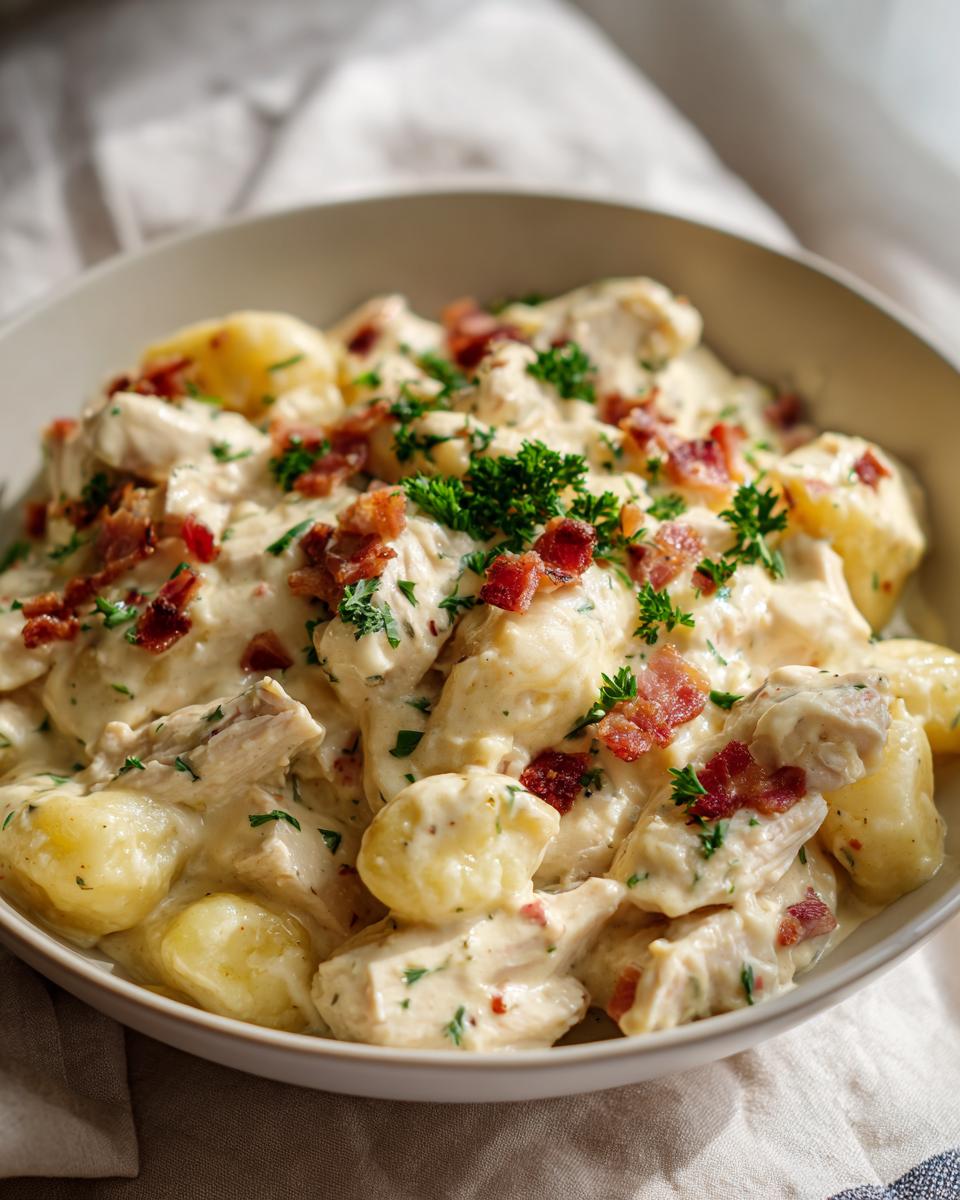 A close-up of a bowl filled with Creamy Crack Chicken Gnocchi, topped with bacon bits and fresh parsley.