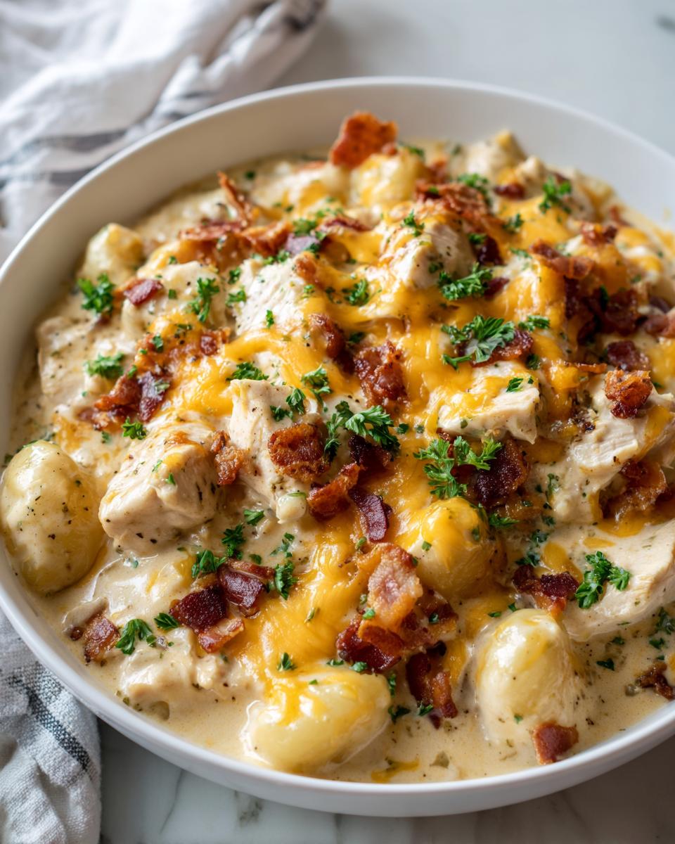 A close-up of a white bowl filled with Creamy Crack Chicken Gnocchi, topped with melted cheddar, bacon bits, and fresh parsley.