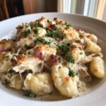 A close-up of rich Creamy Crack Chicken Gnocchi topped with melted cheese, bacon bits, and fresh parsley.