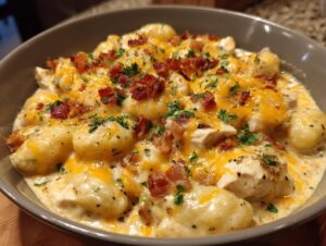 A close-up of a bowl filled with Creamy Crack Chicken Gnocchi, topped with melted cheddar cheese, bacon bits, and parsley.