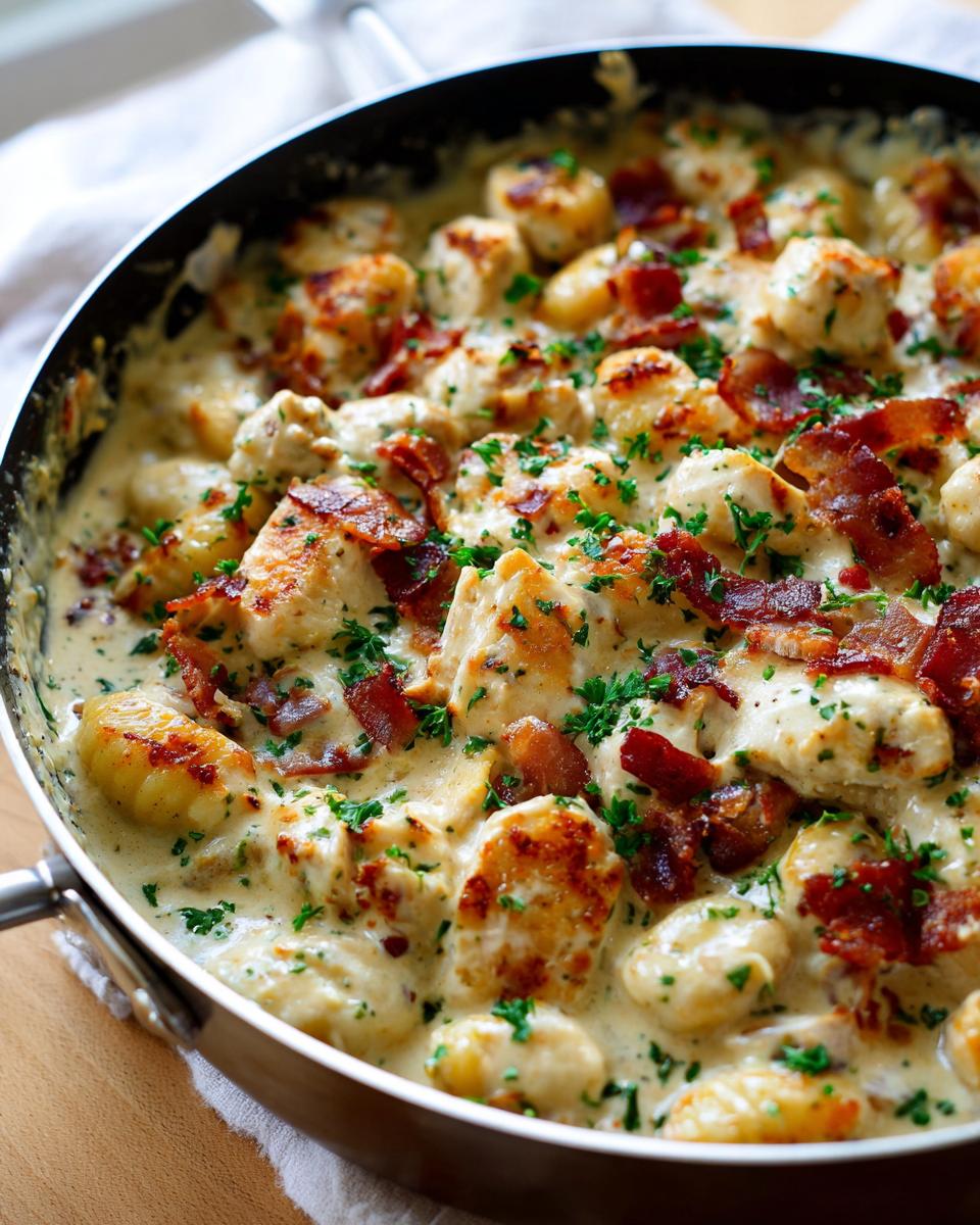 Close-up of Creamy Crack Chicken Gnocchi dish with chunks of chicken, bacon pieces, and parsley in a creamy sauce, served in a skillet.