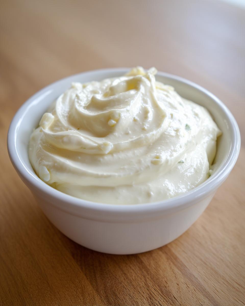 Close-up of a white bowl filled with thick, creamy homemade garlic aioli recipe, showing swirls and small pieces of garlic.