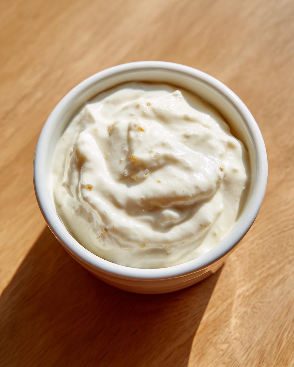 Overhead close-up of a small white bowl filled with thick, creamy garlic aioli recipe, sitting on a wooden surface.