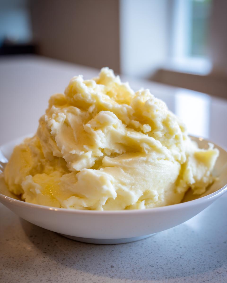 A close-up of a white bowl filled with fluffy, creamy mashed potatoes, showing melted butter on top.