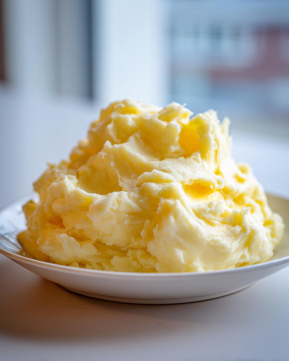 A generous serving of creamy, fluffy mashed potatoes topped with melting butter in a white bowl.