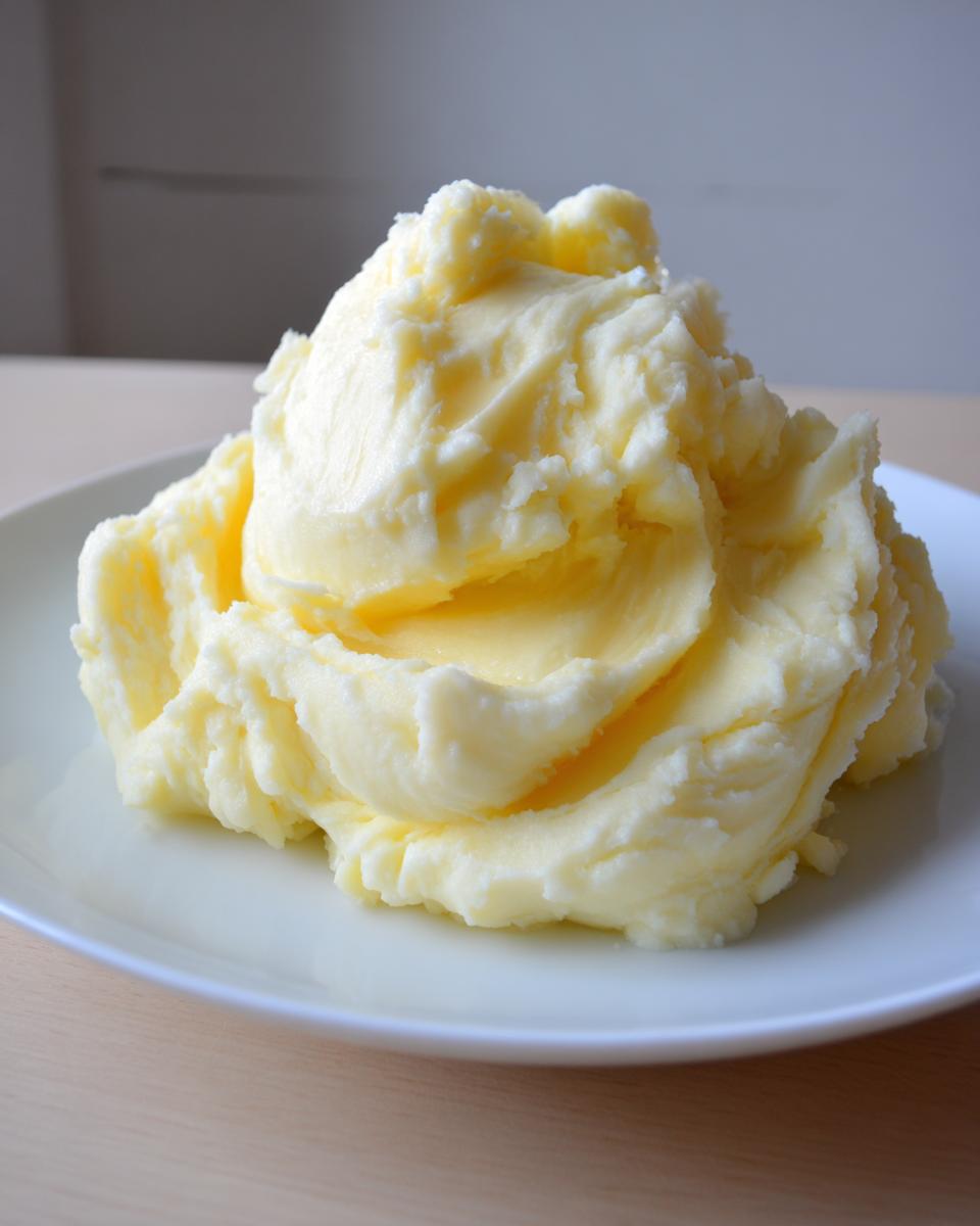 A generous serving of creamy, yellow mashed potatoes mounded high on a white plate.