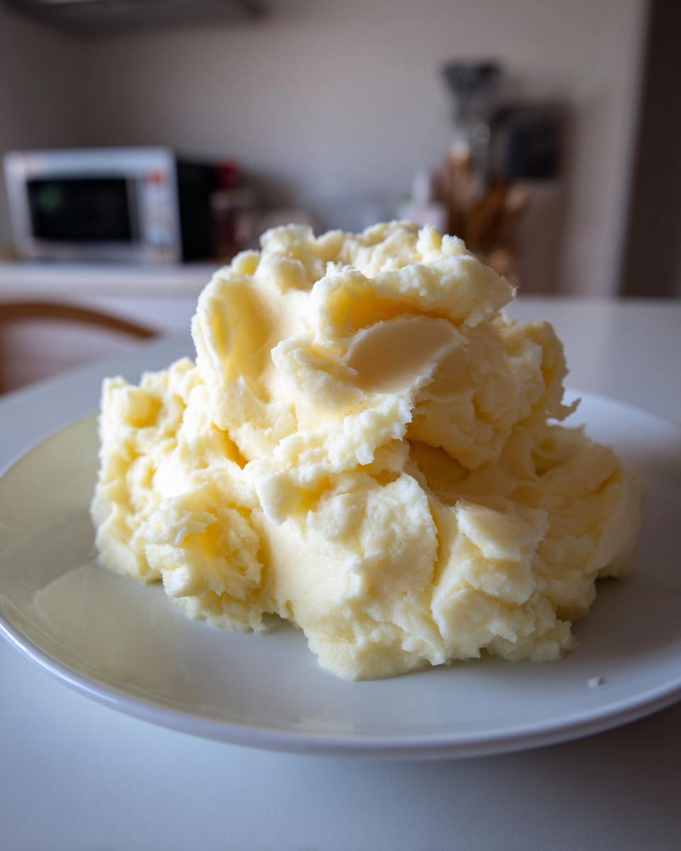 A generous serving of creamy, fluffy mashed potatoes piled high on a light-colored plate.
