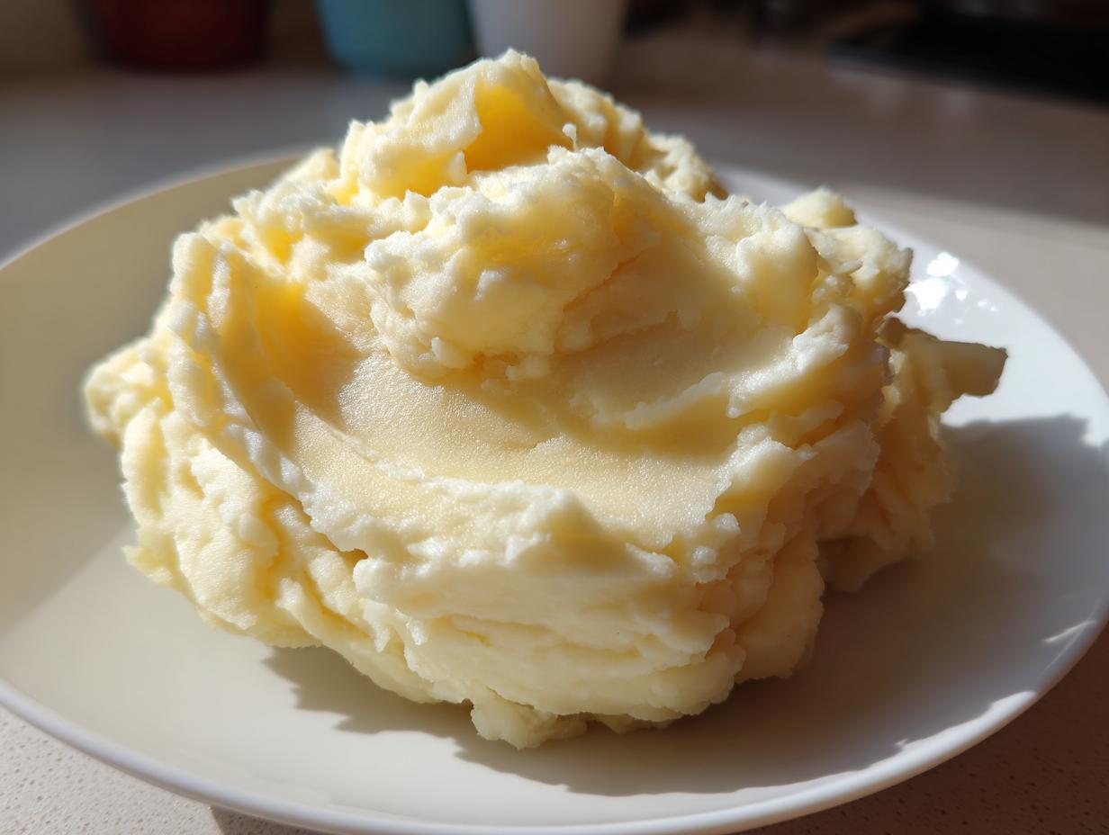 A generous serving of fluffy, creamy mashed potatoes piled high on a white plate.