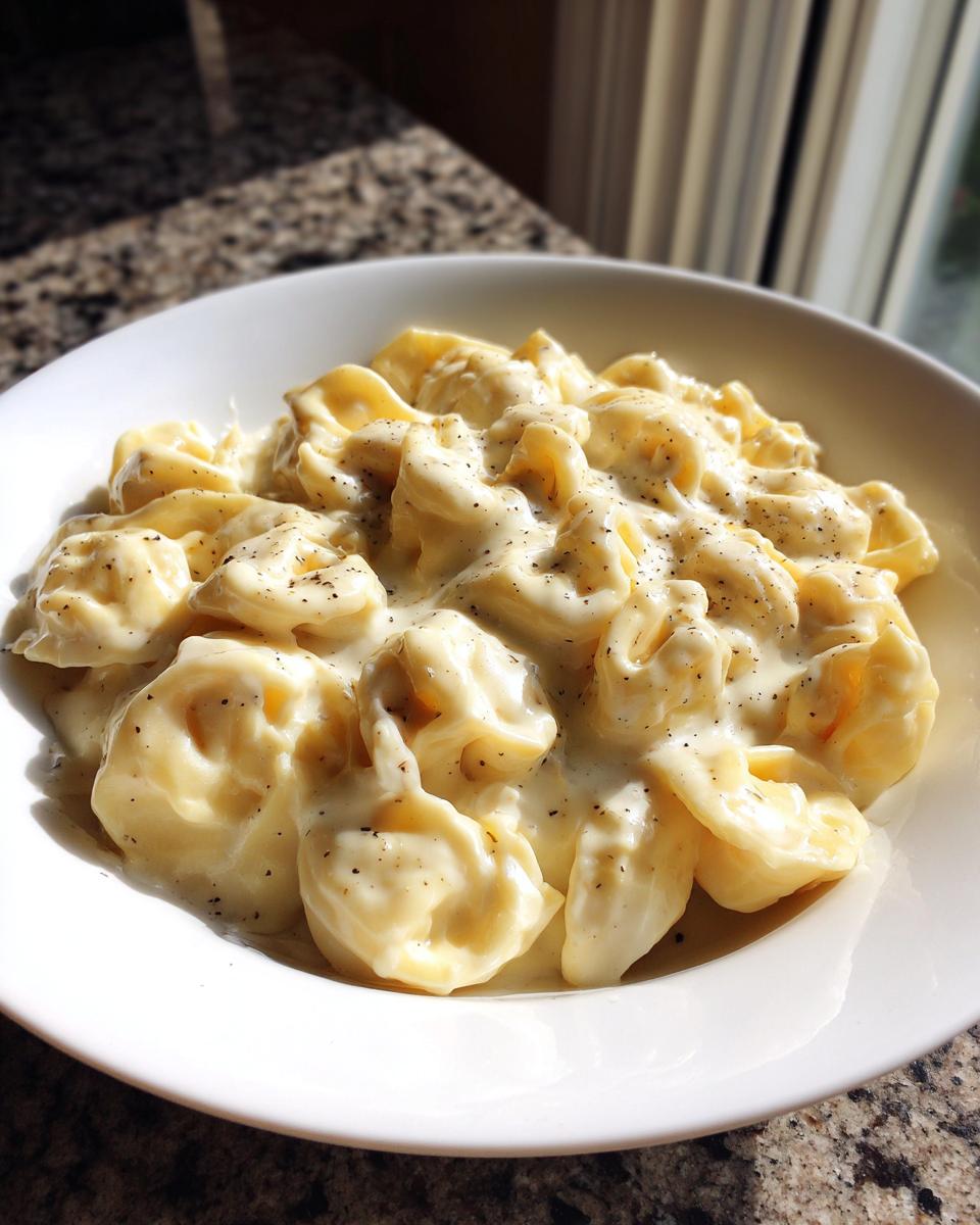 A close-up of a white bowl filled with creamy Tortellini Alfredo Recipe, topped with freshly ground black pepper.