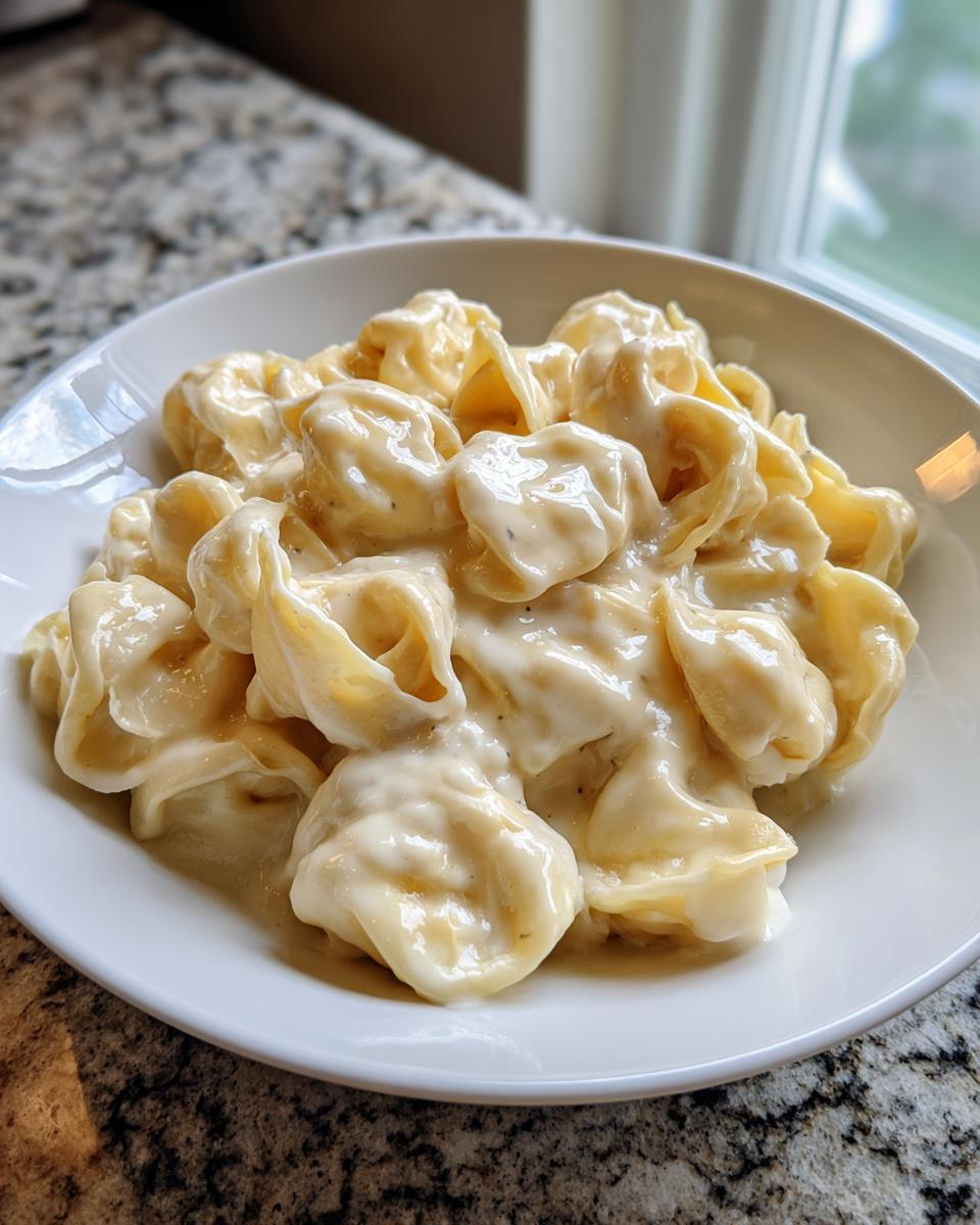 Close-up of a white bowl filled with creamy Tortellini Alfredo Recipe, set on a granite countertop.