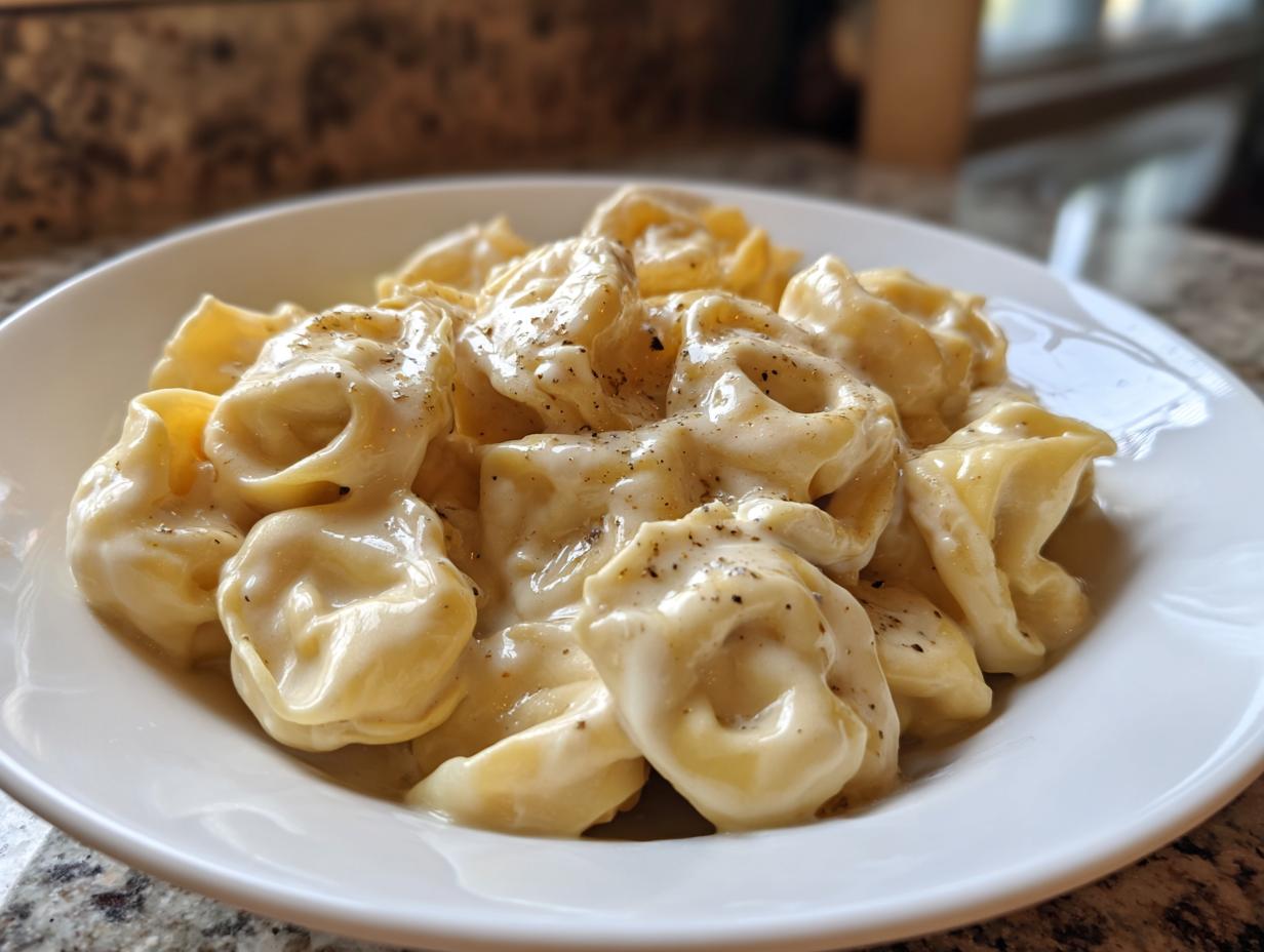 Close-up of a white bowl filled with rich Tortellini Alfredo Recipe, topped with cracked black pepper.