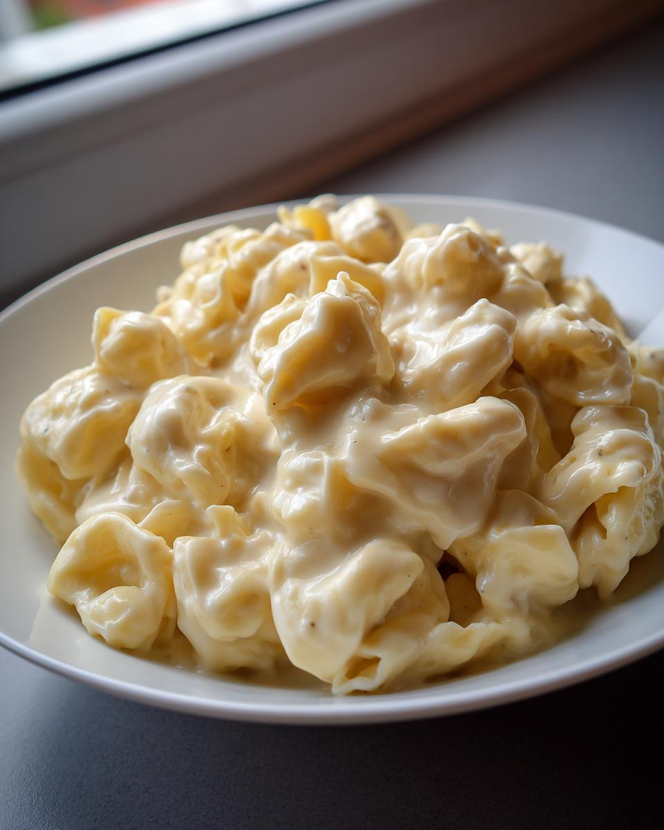 Close-up shot of a bowl overflowing with rich, creamy Tortellini Alfredo Recipe.