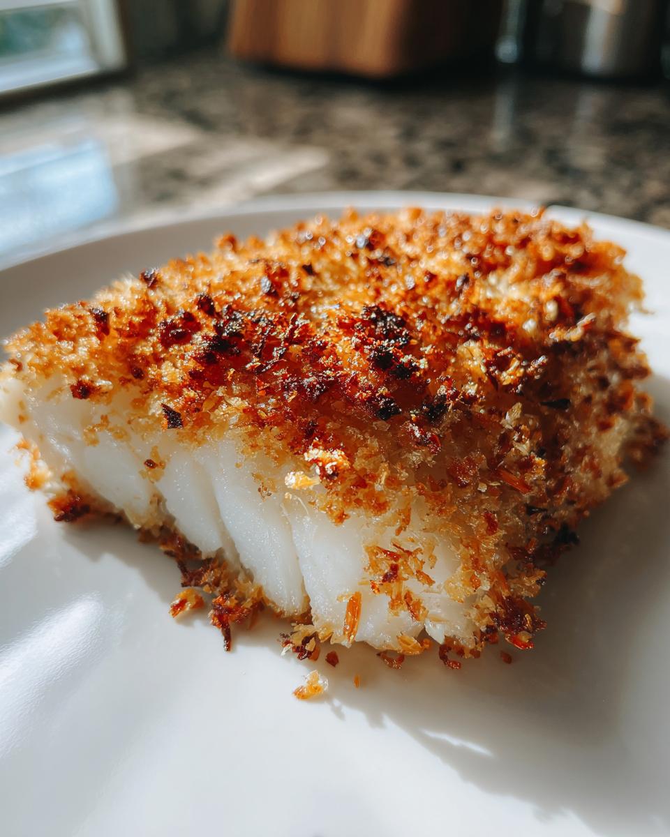 Close-up of a flaky white fish fillet with a golden brown, crispy baked cod topping on a white plate.