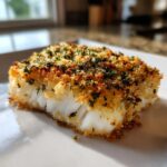 Close-up of a flaky white fish fillet showing a golden, crispy breadcrumb topping for the Crispy Baked Cod recipe.