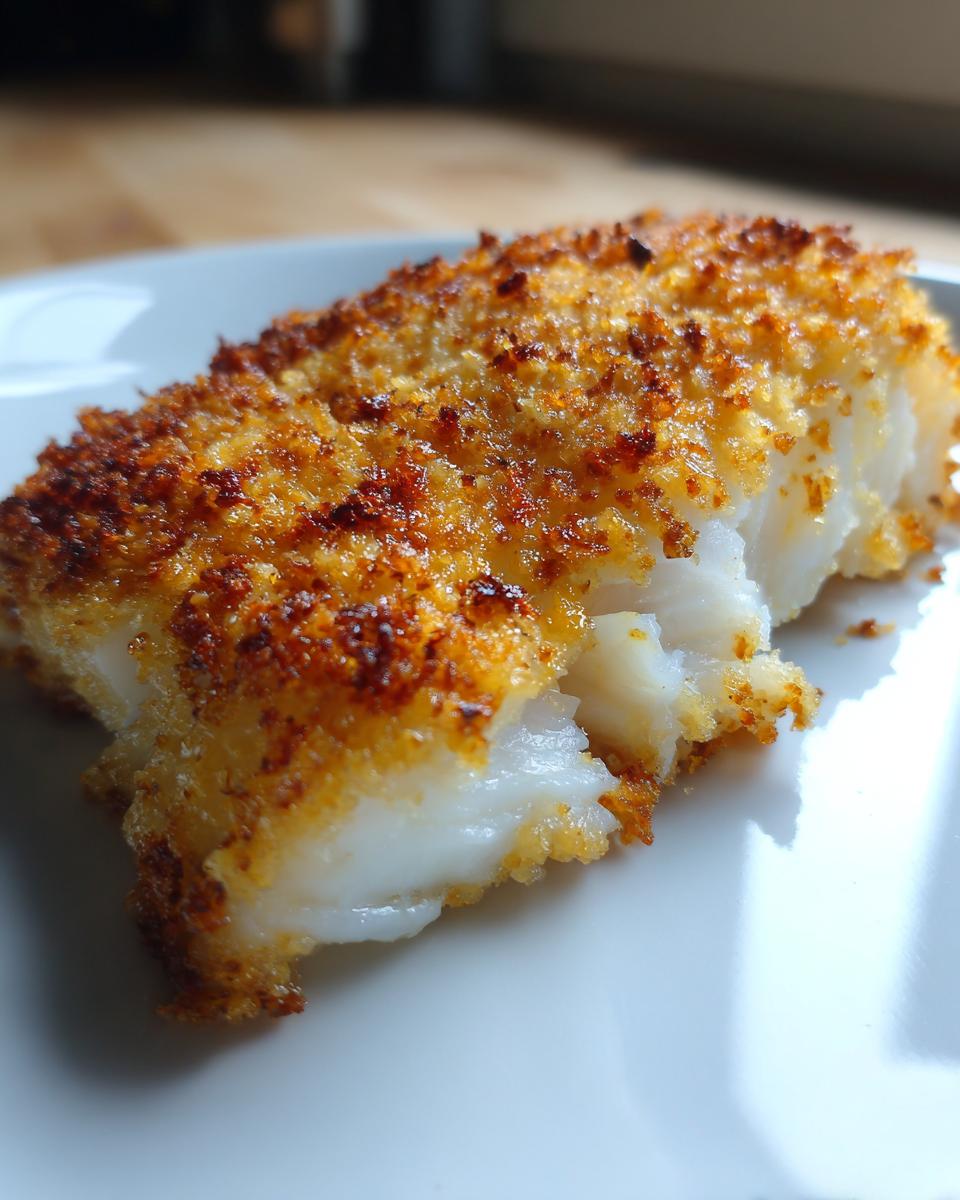Close-up of a flaky white fish fillet showing a golden brown, crispy baked cod recipe crust.