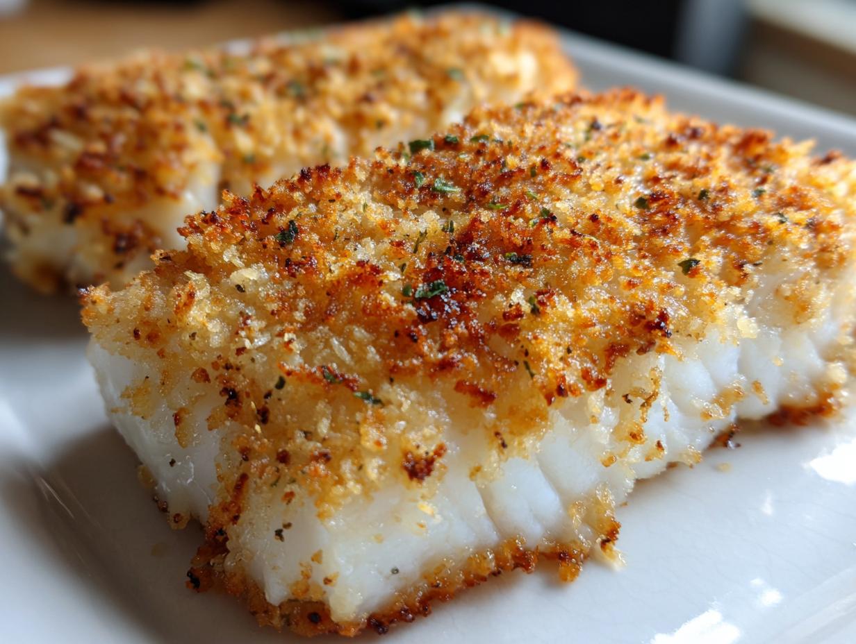 Close-up of a perfectly cooked Crispy Baked Cod recipe fillet showing flaky white fish and a golden, seasoned breadcrumb crust.