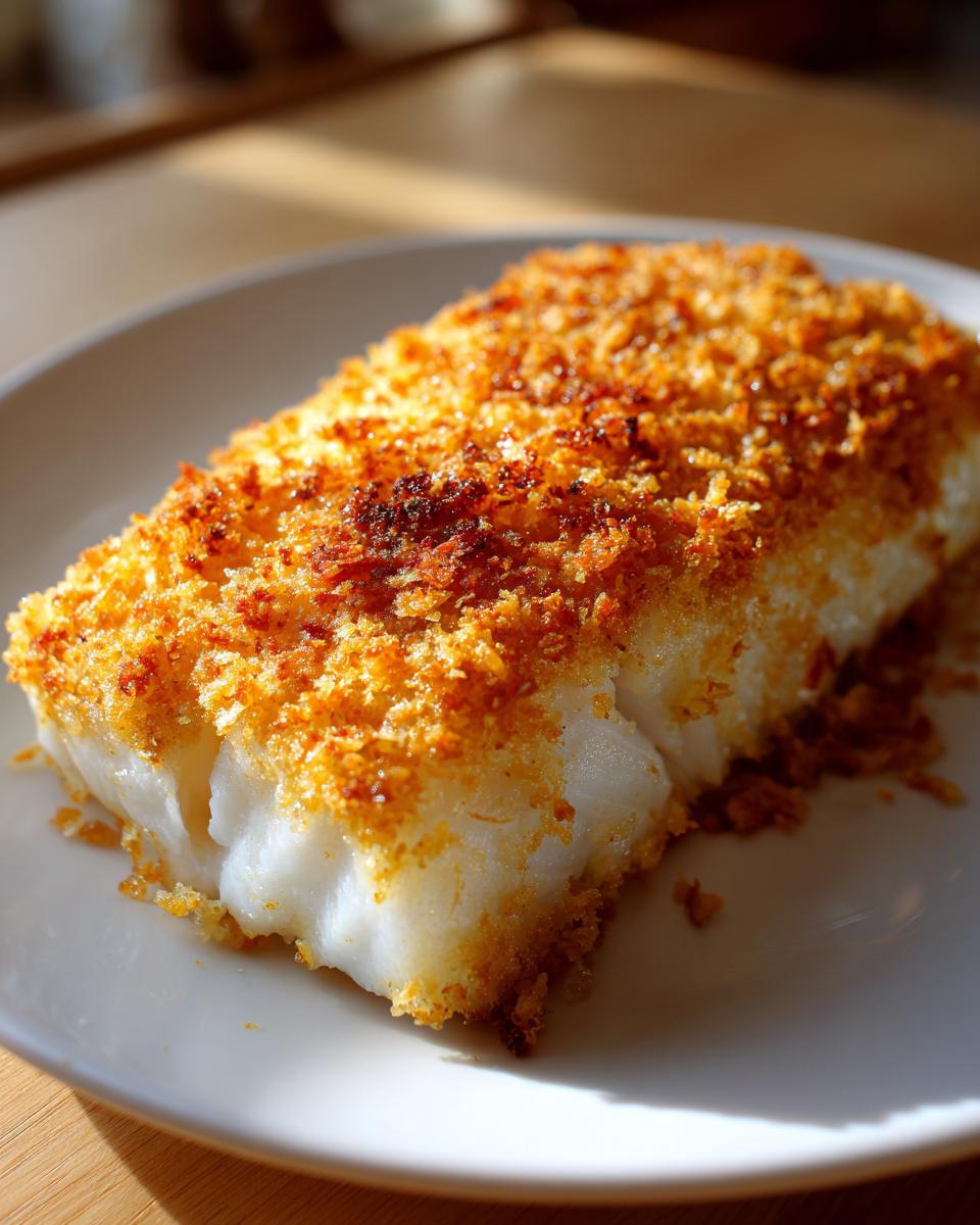 A close-up of a flaky white fish fillet with a golden brown, crispy baked cod topping on a white plate.