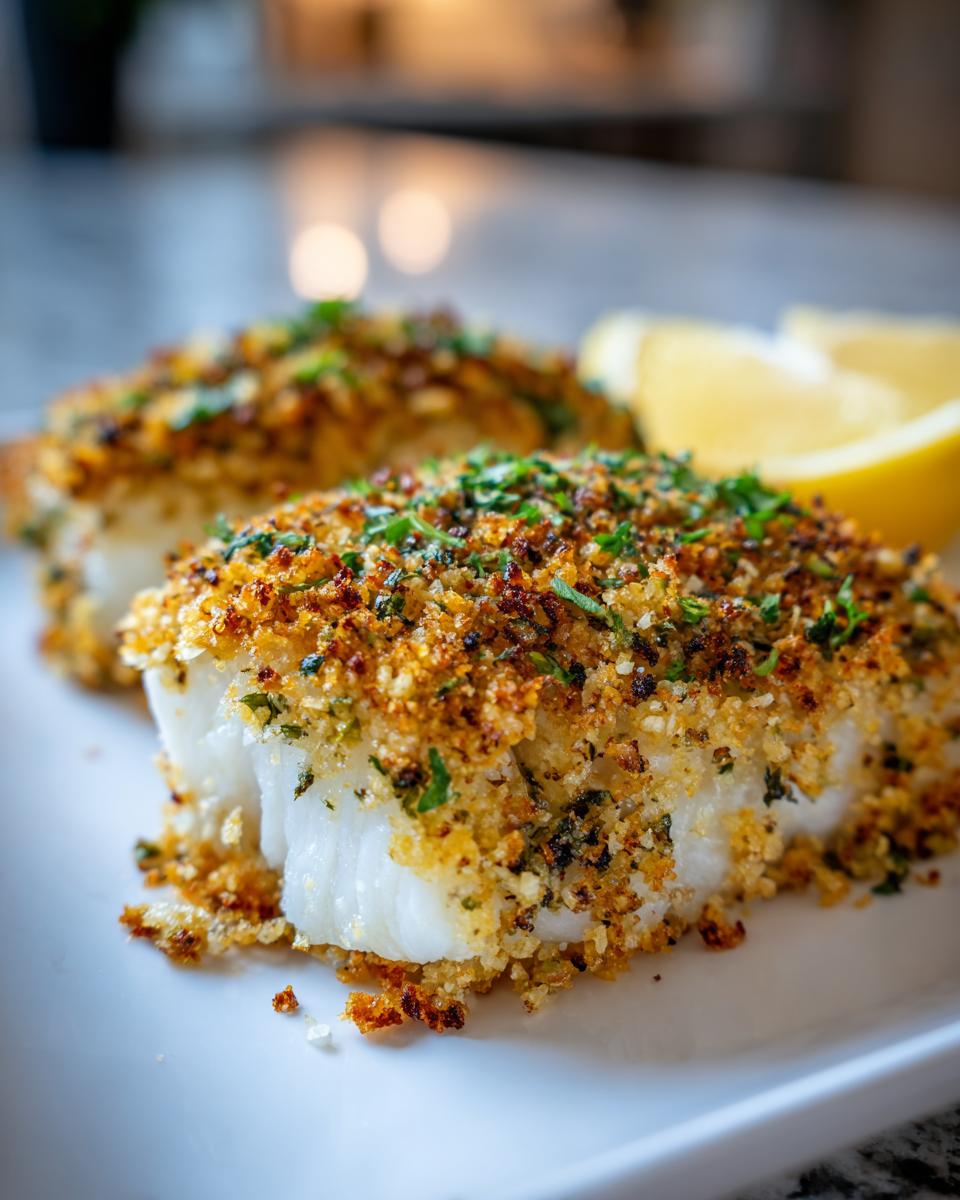 Two fillets of flaky white fish showing a golden, crispy baked cod topping, garnished with parsley and served with lemon wedges.