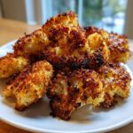 A close-up of golden brown, crispy Parmesan roasted cauliflower florets piled high on a white plate.