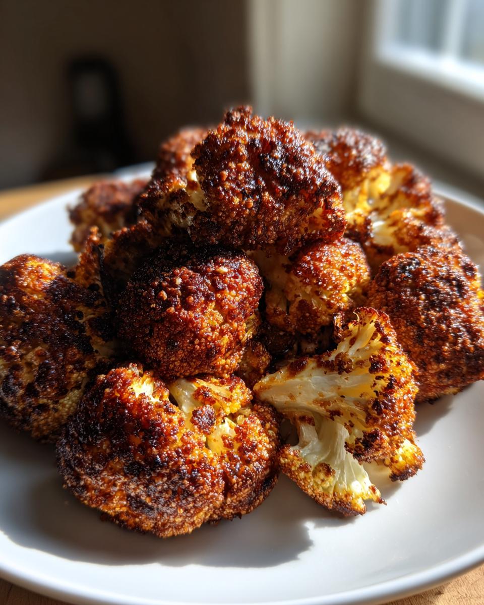 A pile of deeply browned, crispy Parmesan roasted cauliflower florets served on a white plate.