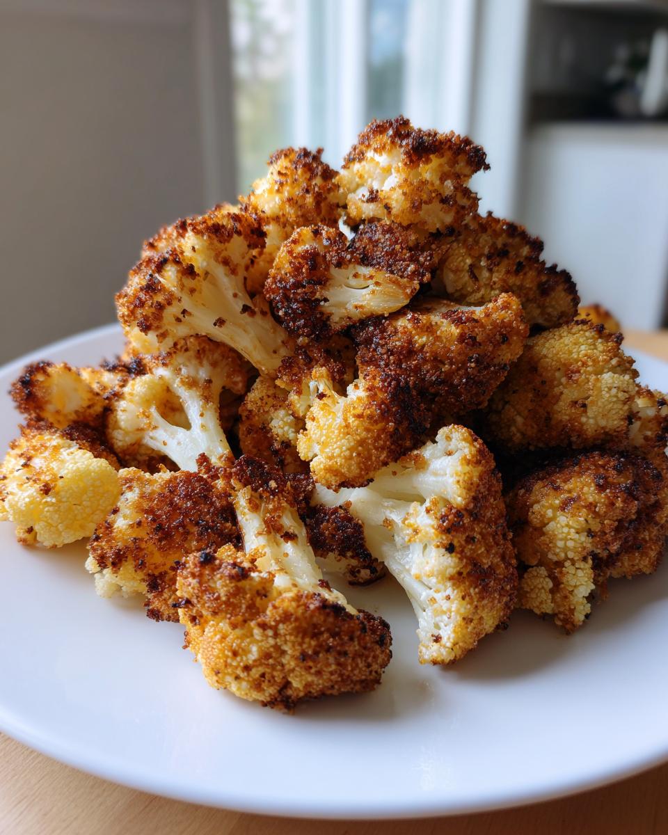 A mound of golden brown, crispy Parmesan roasted cauliflower florets piled high on a white plate.