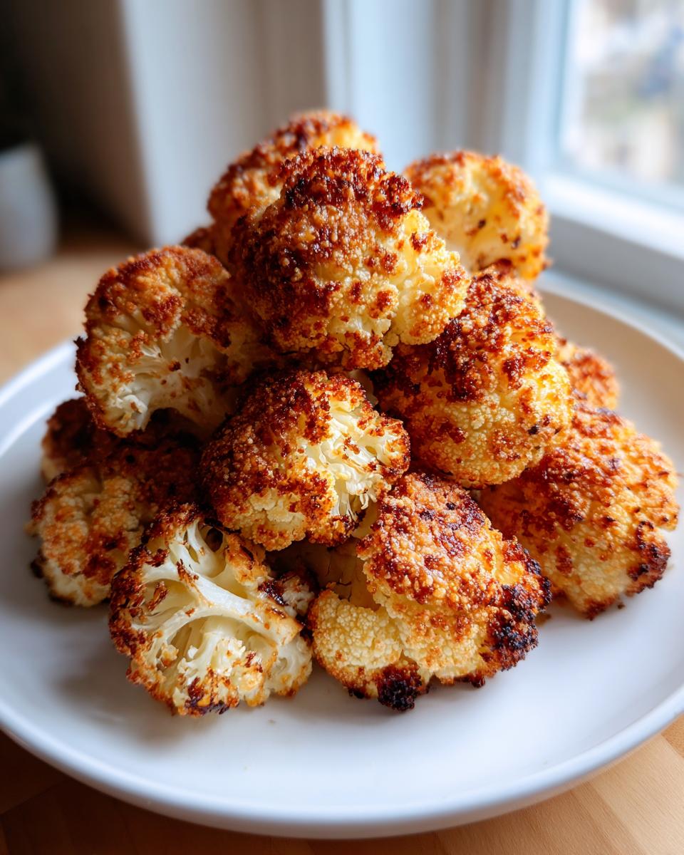 A pile of golden brown, crispy Parmesan roasted cauliflower florets stacked on a white plate.
