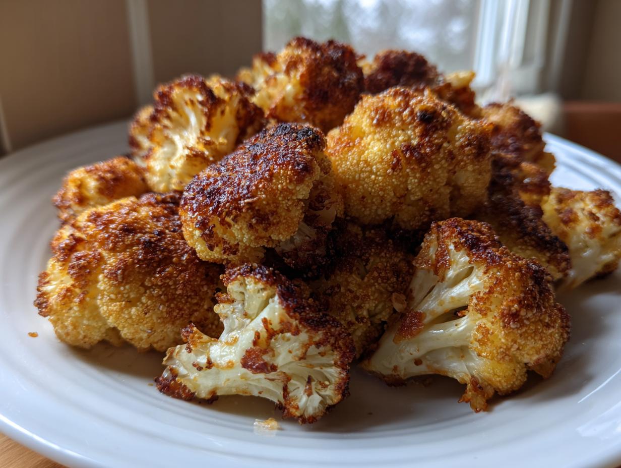 A plate piled high with golden brown, crispy Parmesan roasted cauliflower florets.