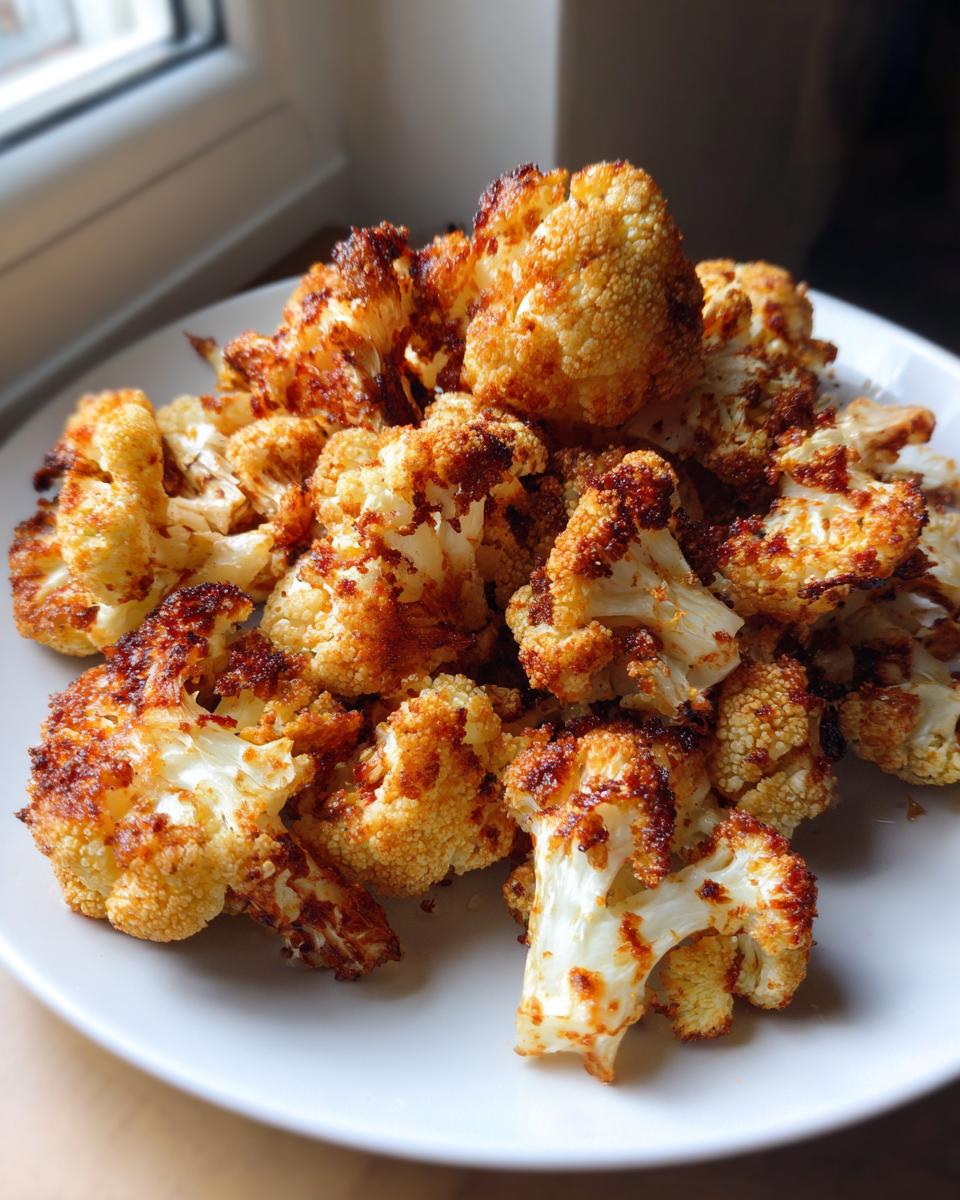 A pile of golden brown, crispy Parmesan roasted cauliflower florets served on a white plate.