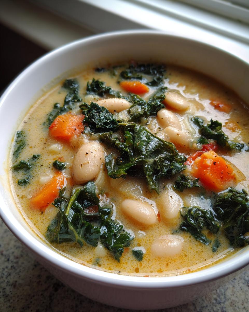 Close-up of a creamy bowl of Easy Tuscan White Bean Soup featuring white beans, dark green kale, and chunks of orange carrot.