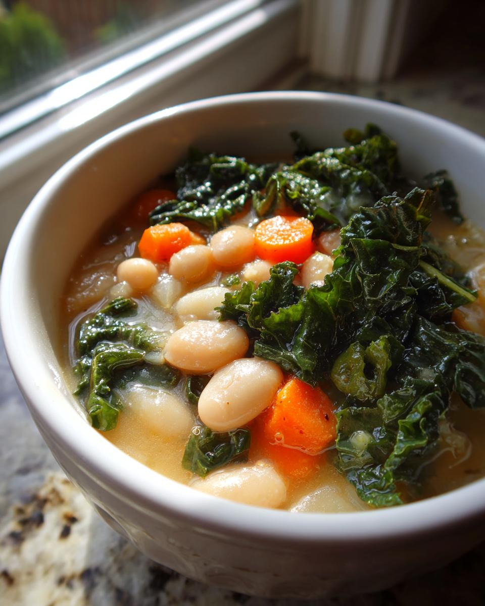 A close-up bowl of Easy Tuscan White Bean Soup featuring cannellini beans, bright orange carrots, and dark green kale.