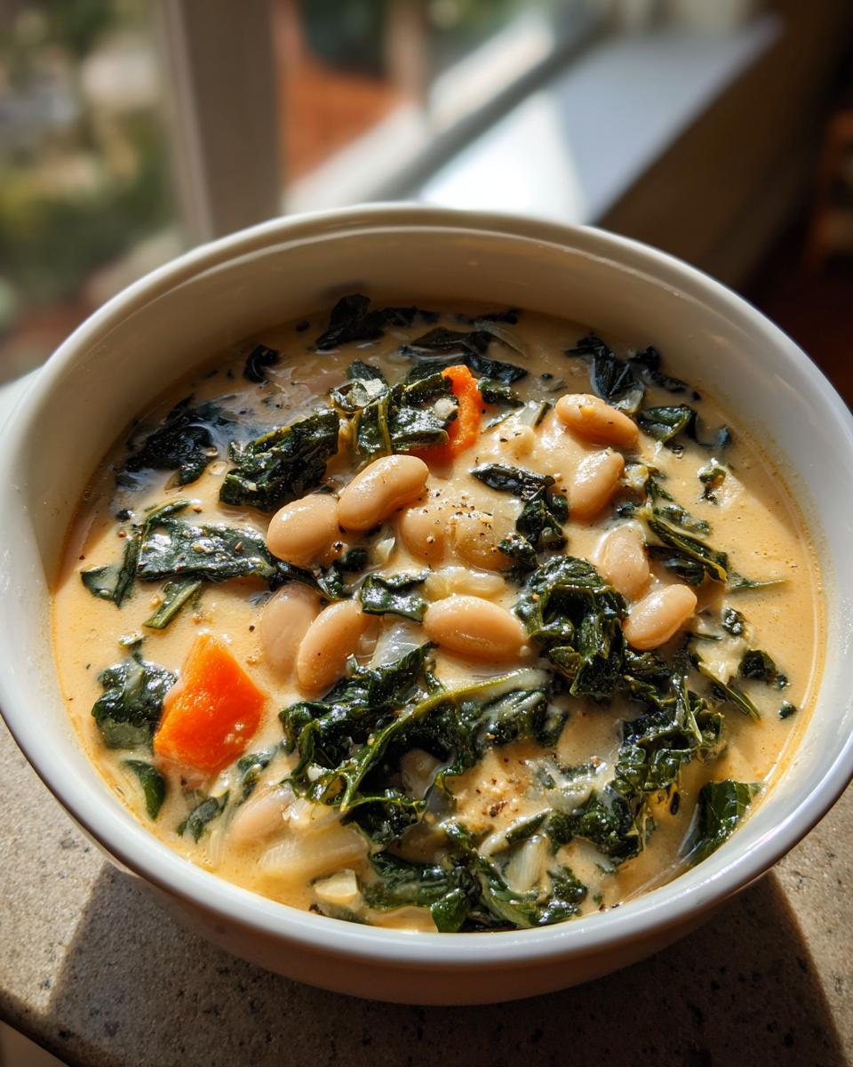 Close-up of a creamy bowl of Easy Tuscan White Bean Soup featuring cannellini beans, dark green kale, and chunks of carrot.