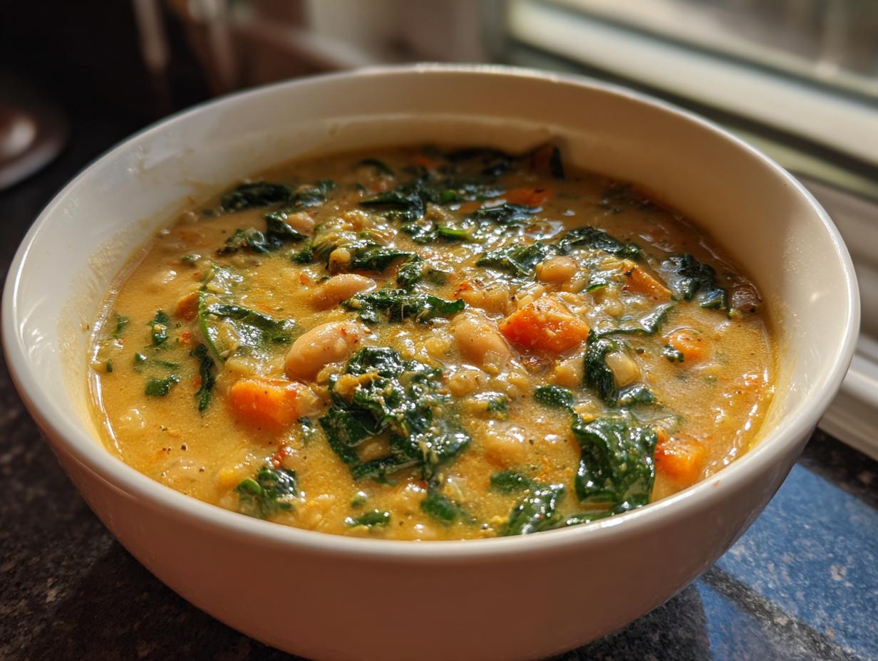 Close-up of a creamy bowl of Easy Tuscan White Bean Soup featuring white beans, kale, and carrots.