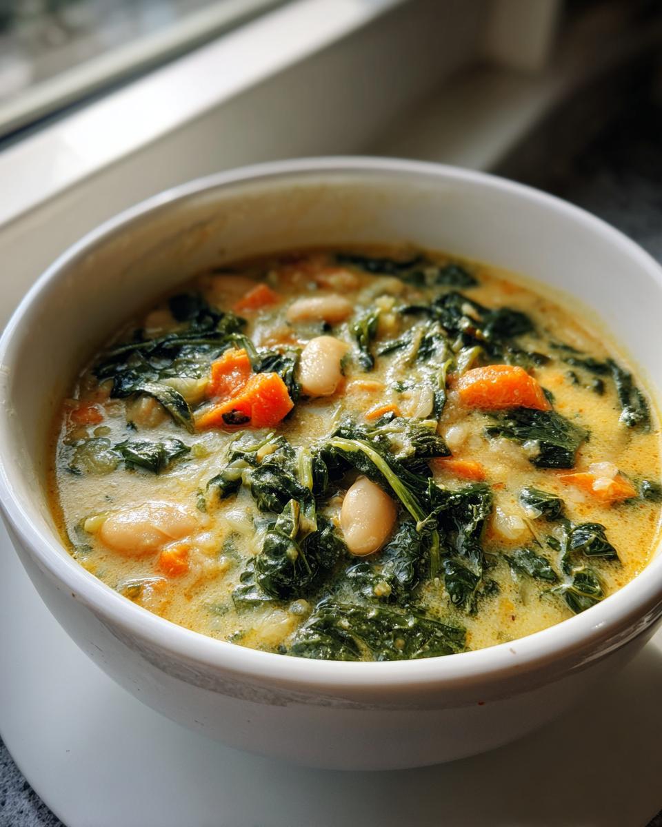 Close-up of a white bowl filled with creamy Easy Tuscan White Bean Soup featuring white beans, dark green kale, and orange carrots.