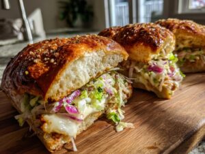 Close-up of three delicious grinder sliders with melted cheese, shredded lettuce, and red onion on a wooden board.