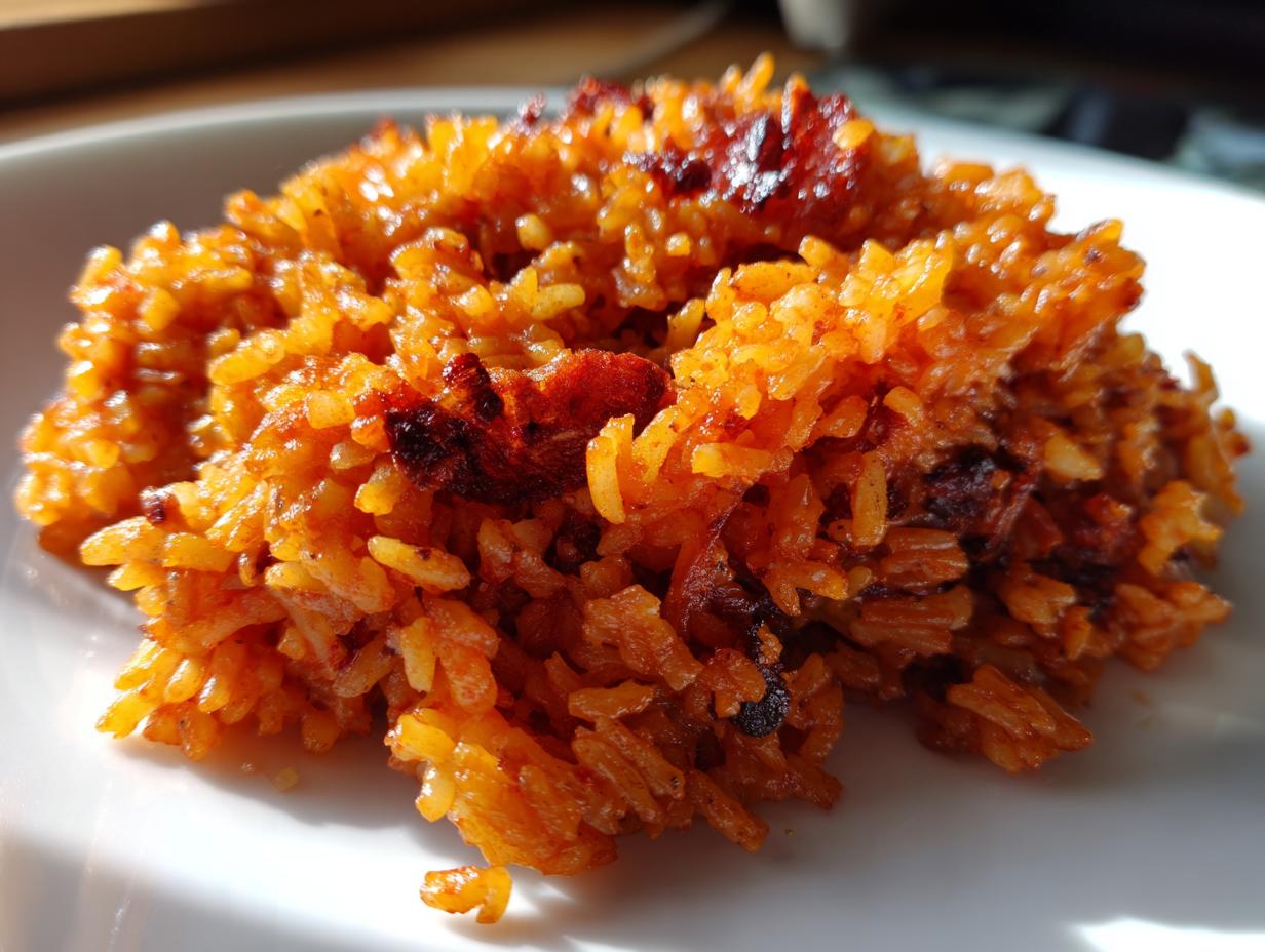 Close-up, featured image of perfectly cooked, orange-red jollof rice molded on a white plate.