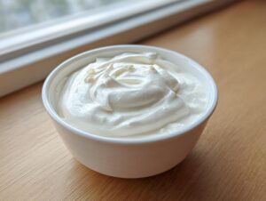 A small white bowl filled with thick, creamy, homemade garlic aioli recipe, set on a wooden surface.