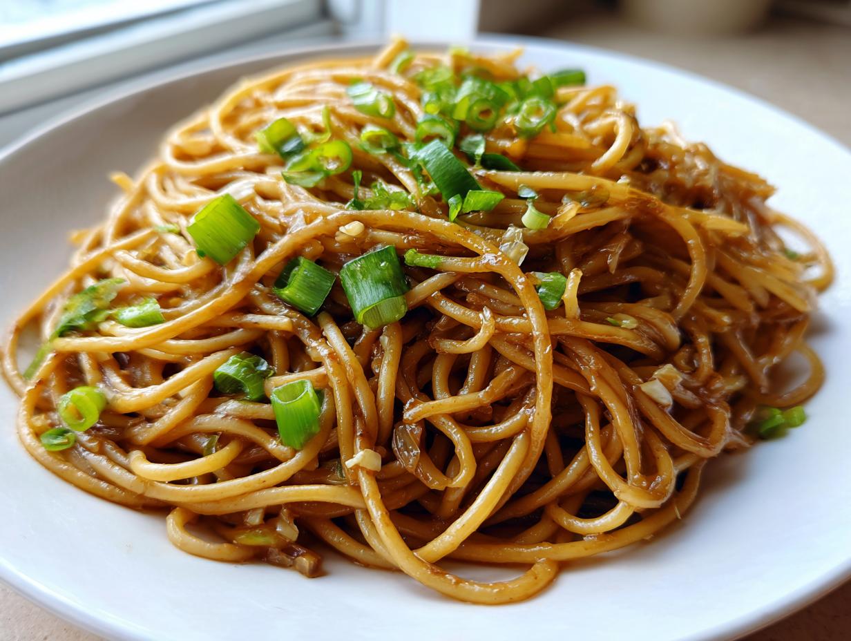 A close-up shot of glossy, saucy garlic noodles topped with fresh chopped green onions served on a white plate.