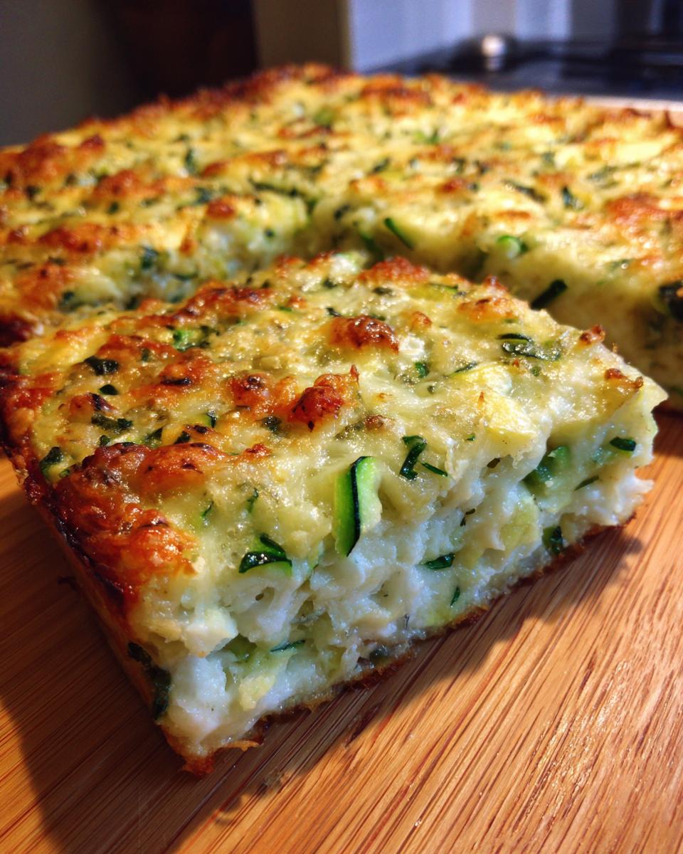 A close-up of a square slice of baked Garlic Parmesan Zucchini Casserole with a golden-brown cheesy top.