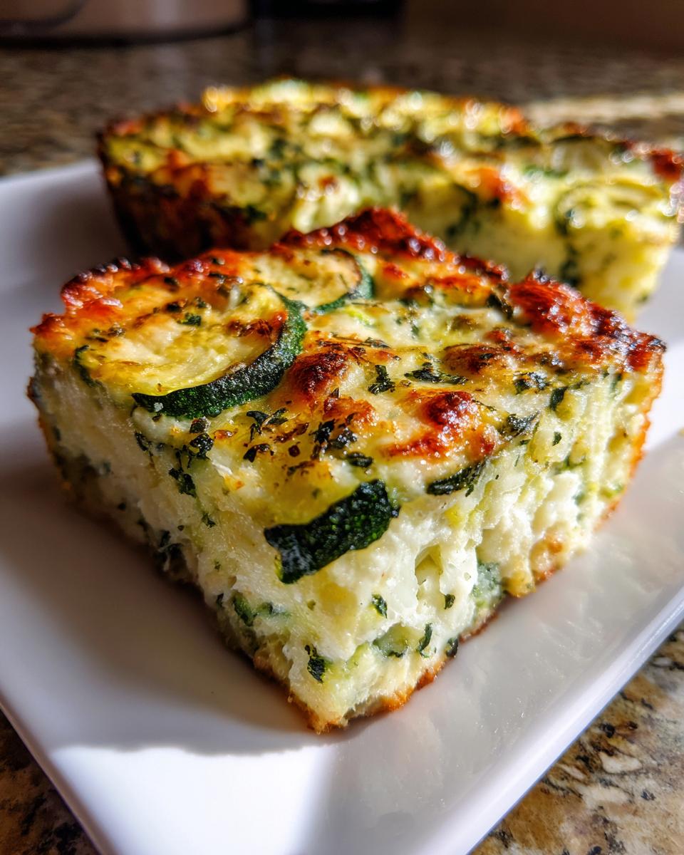 Close-up of a square slice of Garlic Parmesan Zucchini Casserole showing melted cheese and green zucchini pieces.