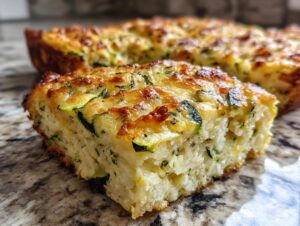Close-up of a square slice of Garlic Parmesan Zucchini Casserole showing shredded zucchini and a golden, cheesy crust.