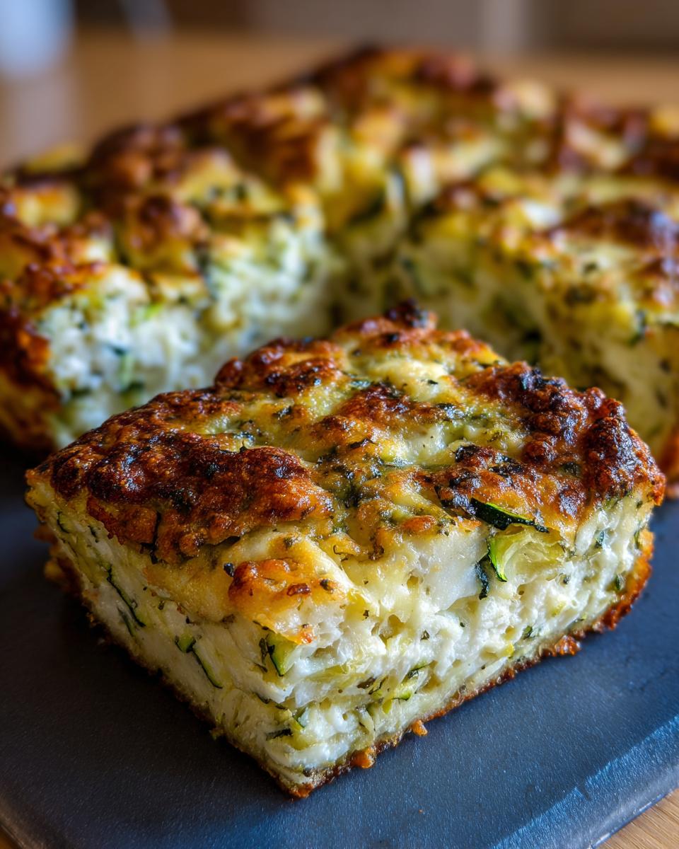 A close-up of a square slice of Garlic Parmesan Zucchini Casserole showing layers of zucchini and cheese with a golden, baked top.