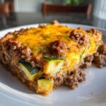 A close-up of a square serving of Ground Beef and Zucchini Casserole topped with melted cheddar cheese.