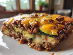 Close-up of a hearty slice of Ground Beef and Zucchini Casserole topped with melted cheddar cheese.