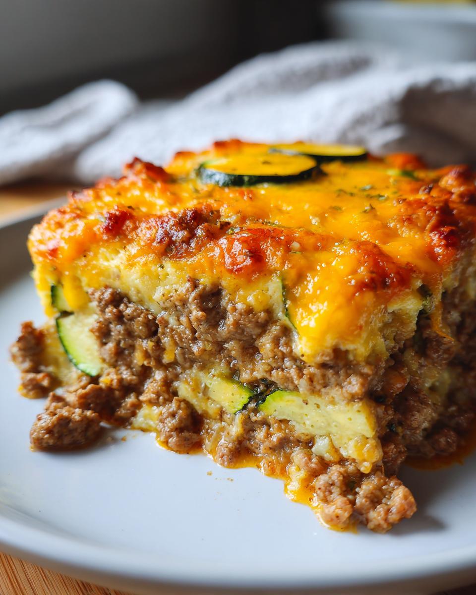 A close-up of a serving of Ground Beef and Zucchini Casserole topped with melted cheddar cheese.