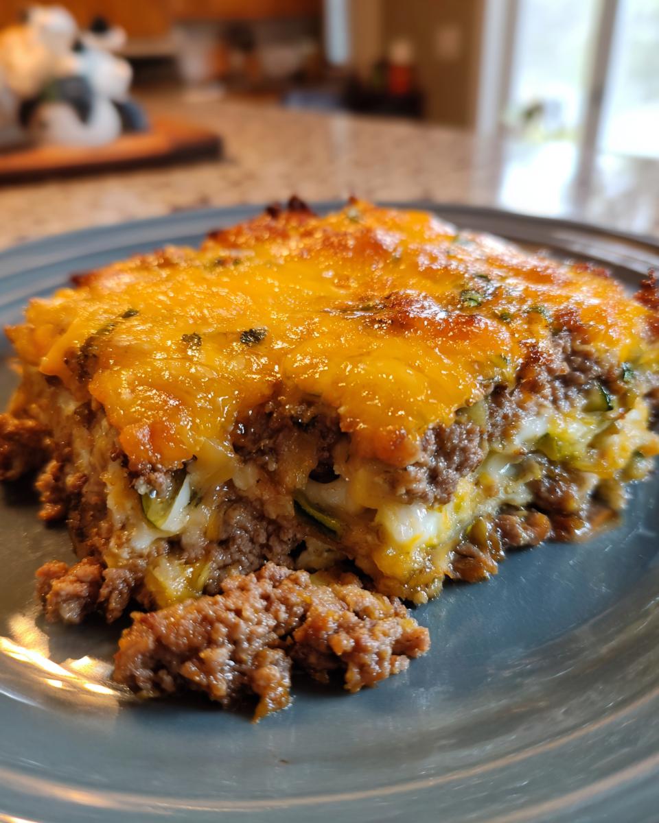 A close-up of a serving of Ground Beef and Zucchini Casserole topped with melted, bubbly cheddar cheese.