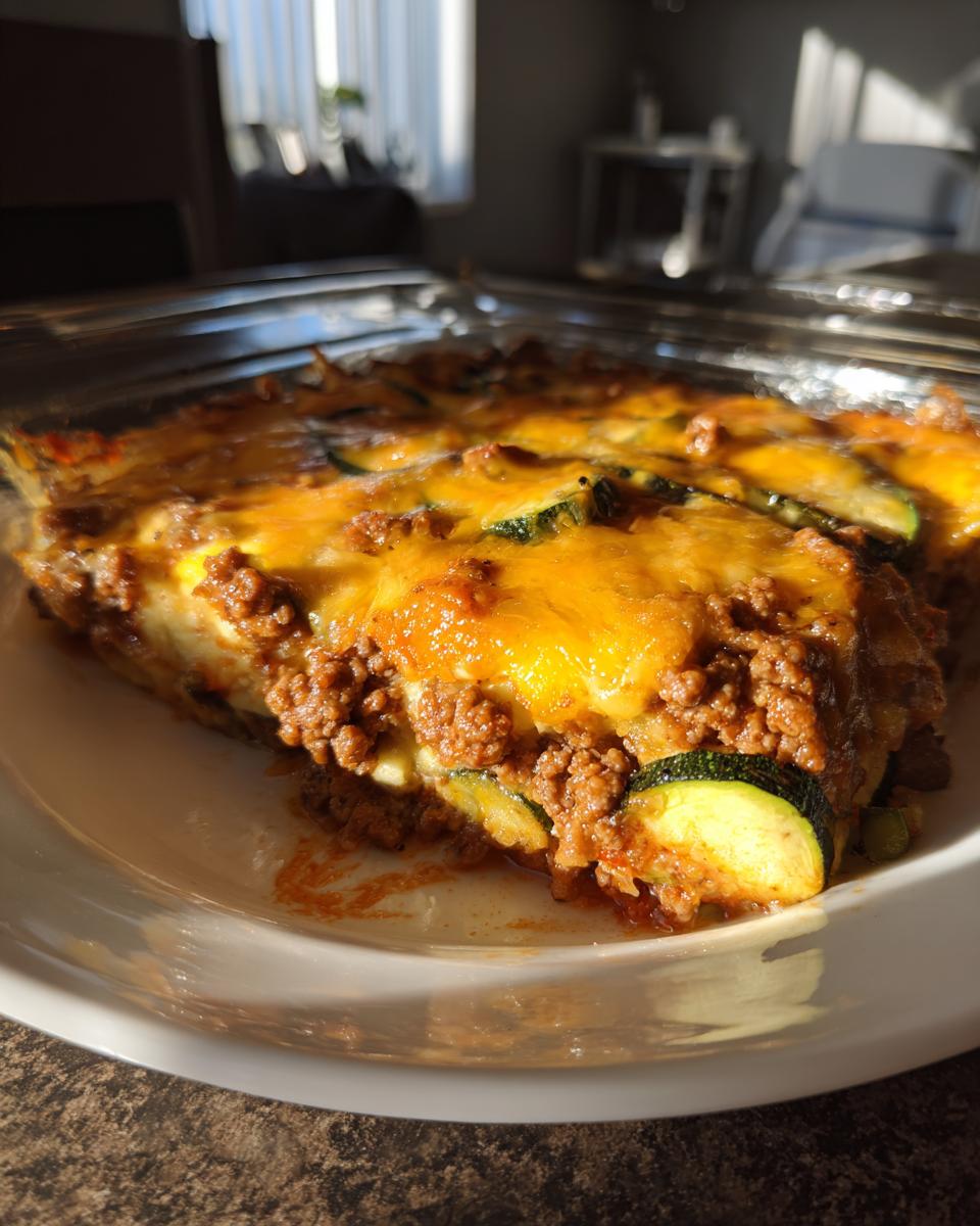 A close-up slice of rich Ground Beef and Zucchini Casserole topped with bubbly, melted cheddar cheese.